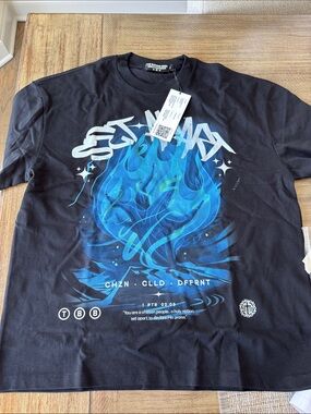 Black Short-Sleeve Graphic Tee with Blue Flame Print